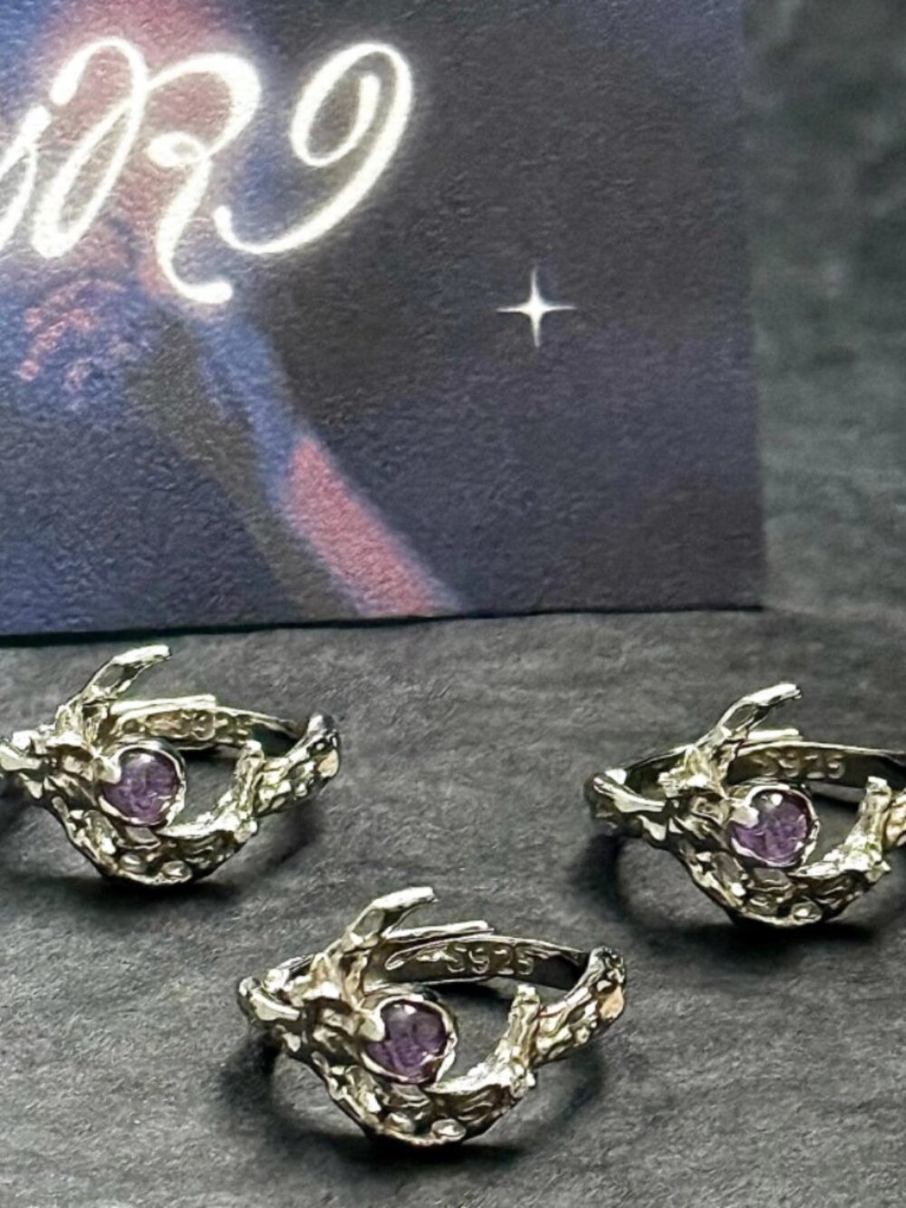 925 Silver Purple Crystal Moon Ring Celestial Gothic Adjustable Jewelry